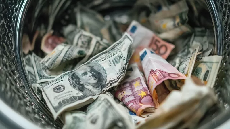 Geldscheine in Waschmaschine als Symbol für Geldwäsche