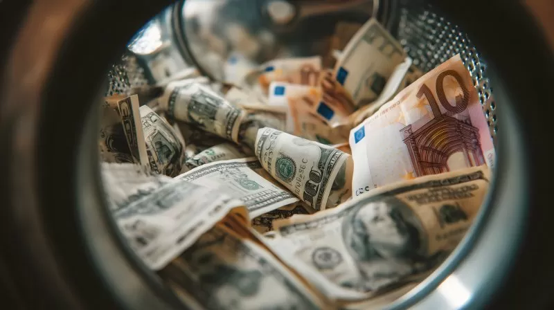 Geldscheine in Waschmaschine Symbol für Geldwäsche