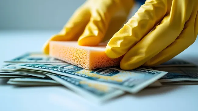 Geldwäsche-Konzept mit Schwamm und Dollarscheinen