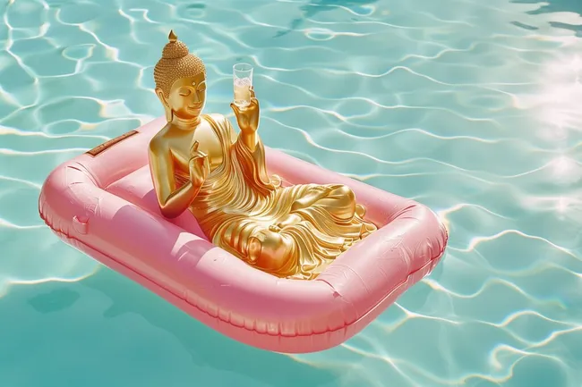 Gelöster Buddha auf pinkem Schwimmring in Poolwasser