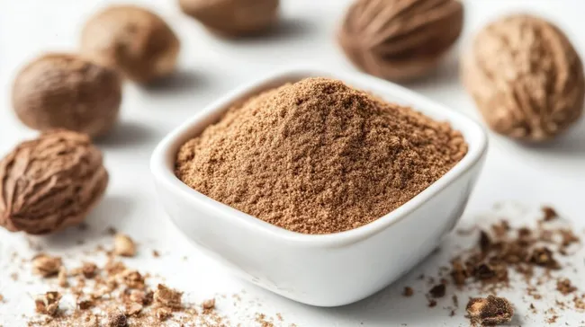 Gemahlene Muskatnuss in weißer Schale