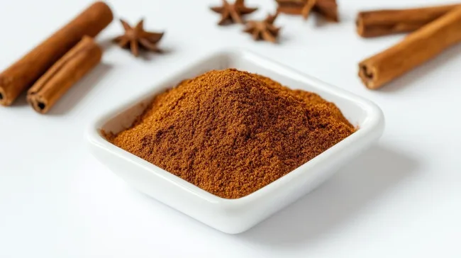 Gemahlener Zimt in weißer Schale mit Zutaten
