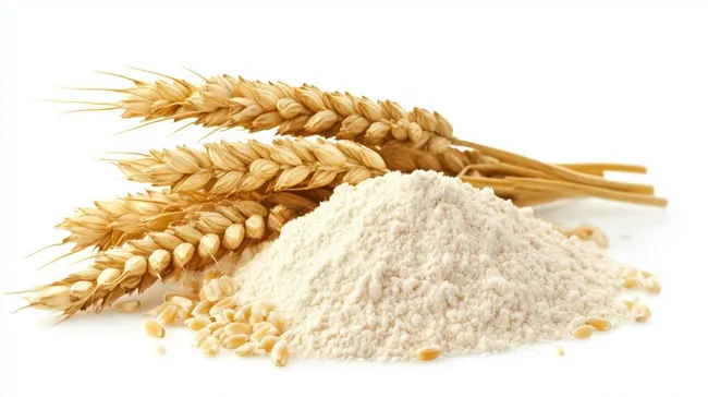 Gemahlenes Weizenmehl und goldene Weizenähren