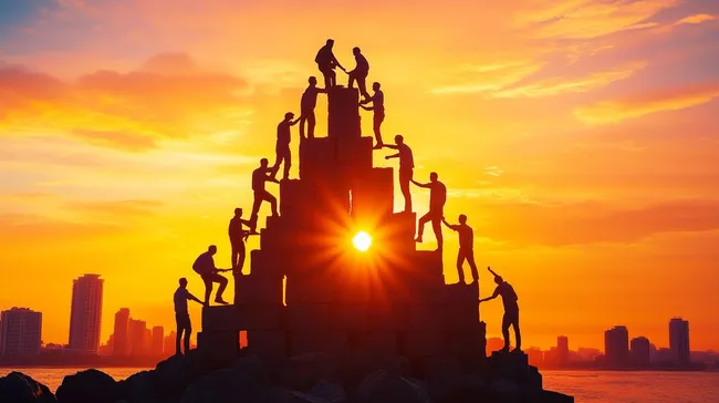 Gemeinsam zum Gipfel des Erfolgs - Teamworkfoto mit Sonnenuntergang