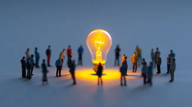 Gemeinsame Idee - Menschen umgeben leuchtende Glühbirne