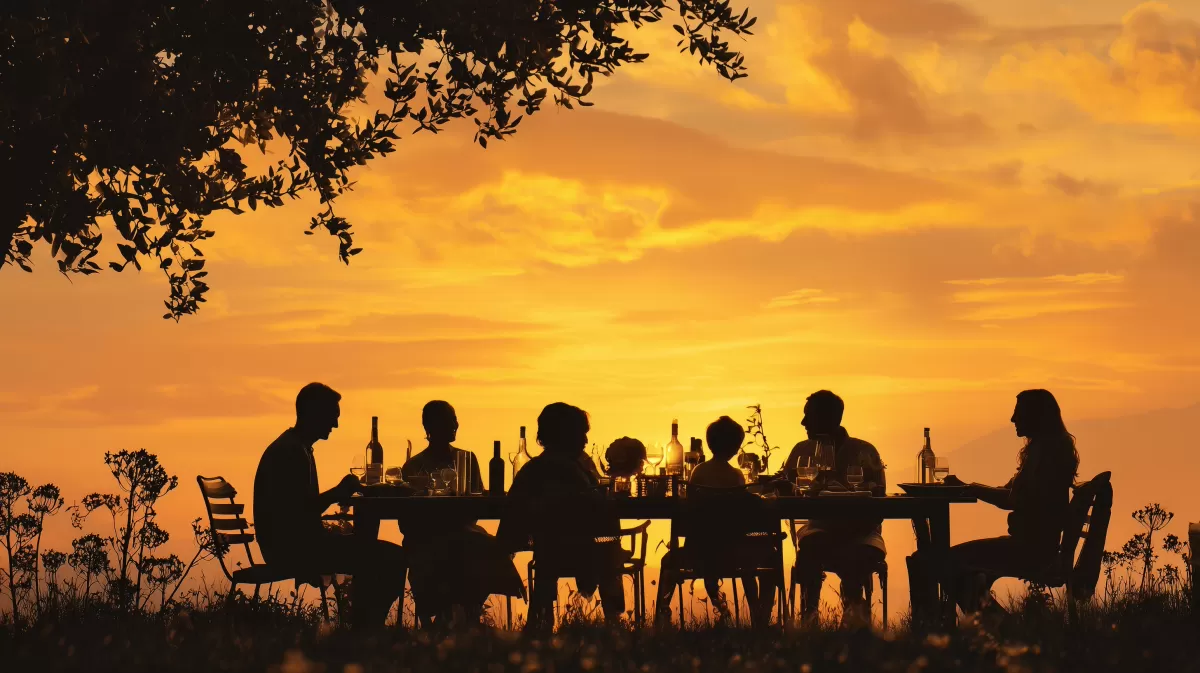 Gemeinsames Abendessen bei Sonnenuntergang