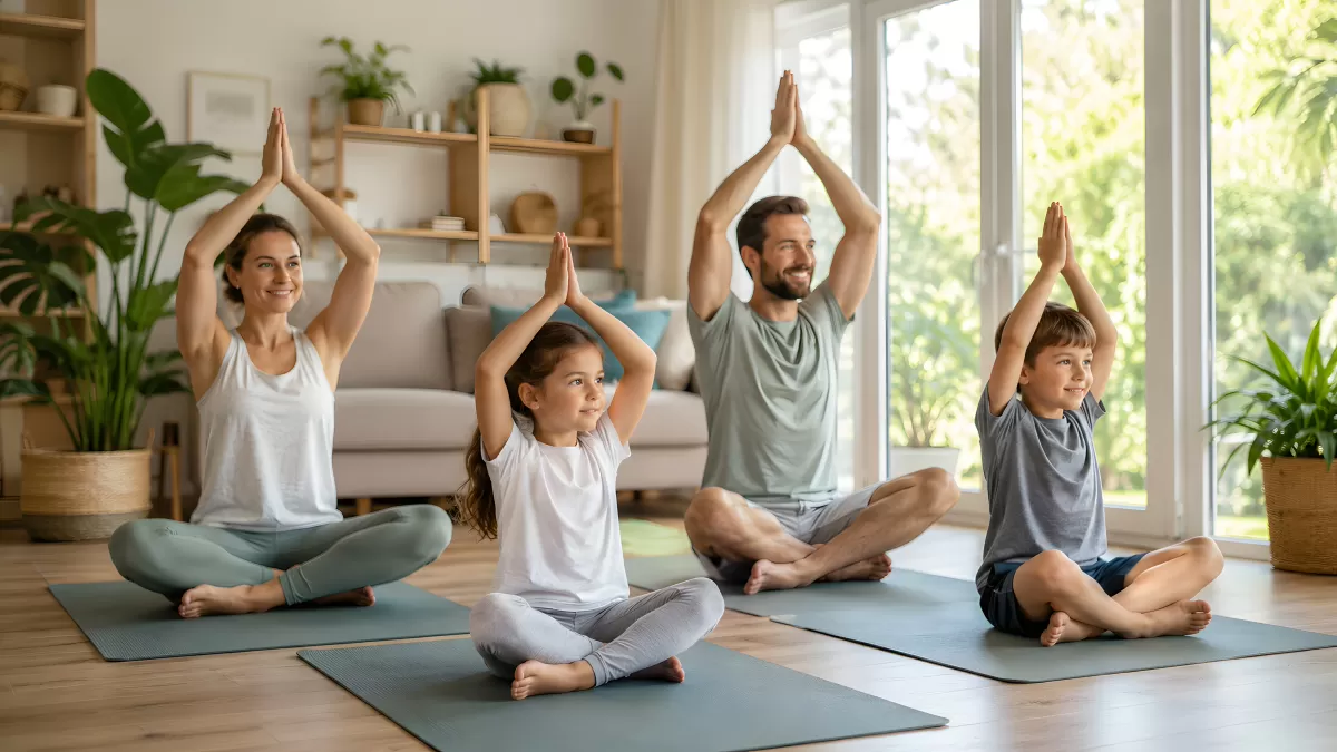 Gemeinsames Familien-Yoga im Wohnzimmer