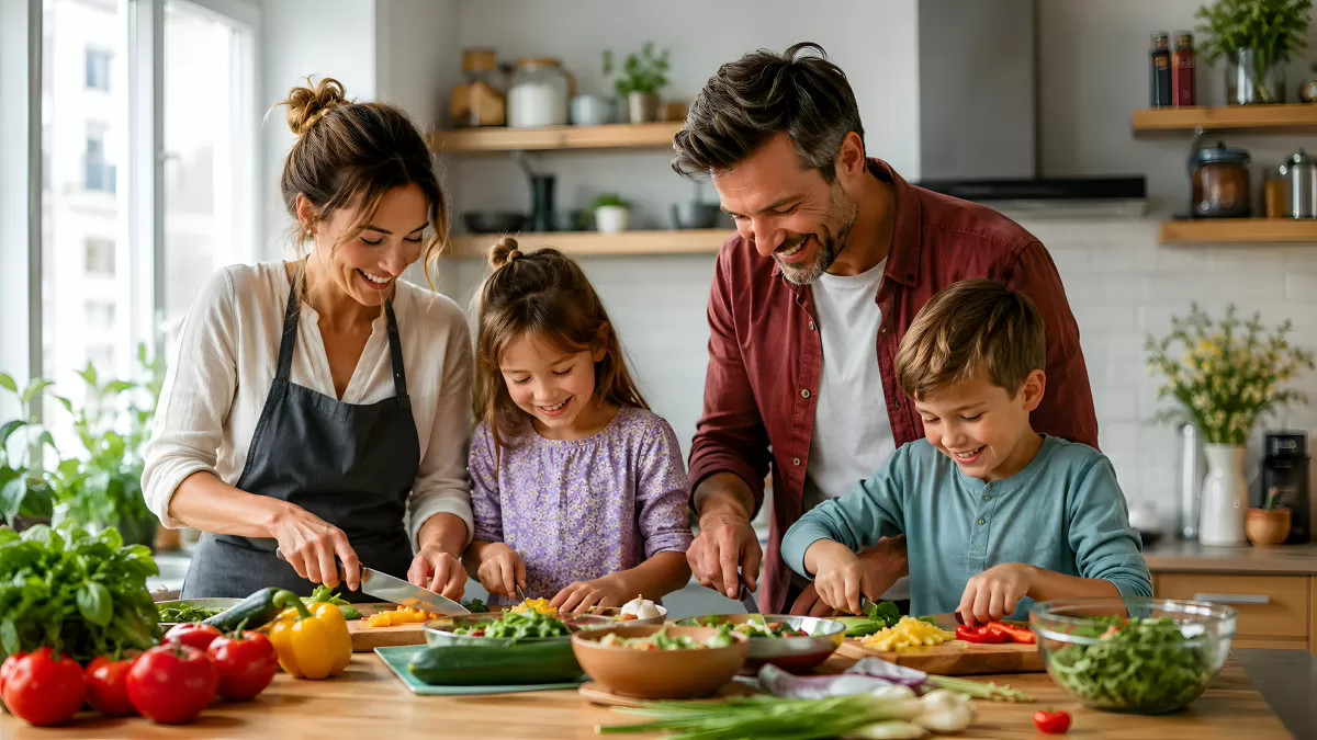Gemeinsames Gemüsekochen der Familie in der Küche