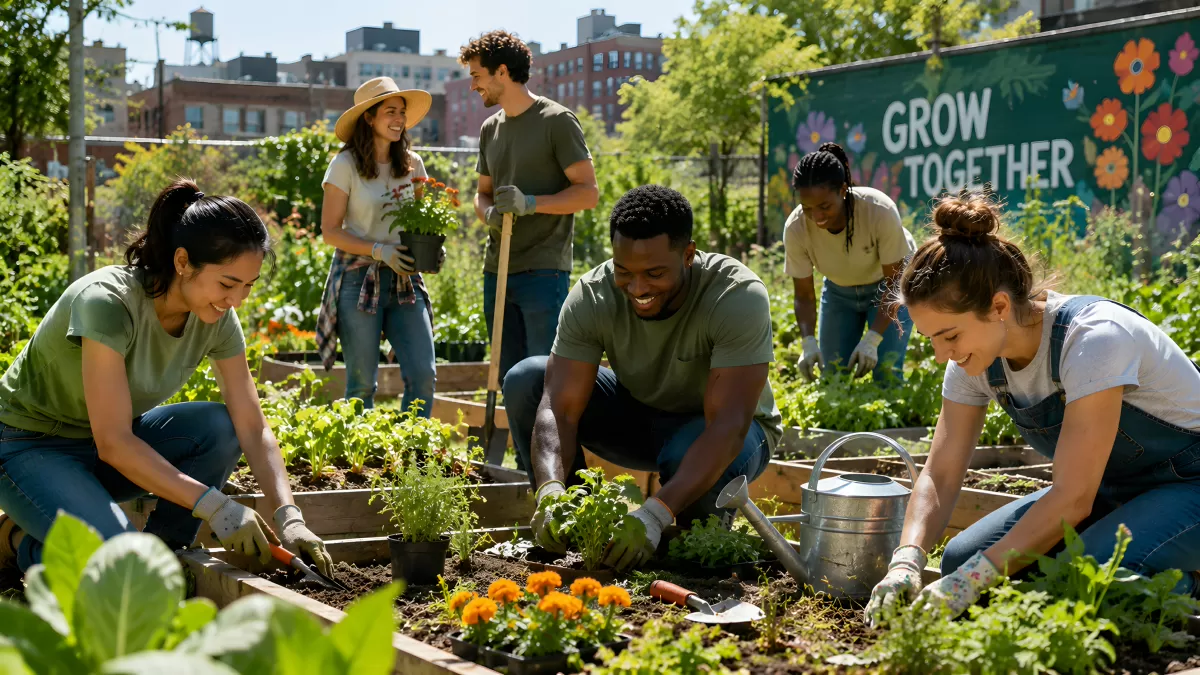 Gemeinschaftsgarten mit fünf Menschen beim Gärtnern