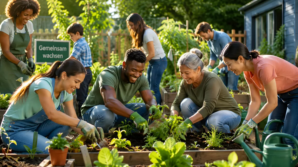 Gemeinschaftsgarten mit Gruppe beim gemeinsamen Gärtnern