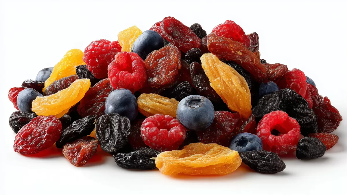 Gemischte getrocknete Früchte und Beeren auf Weiß