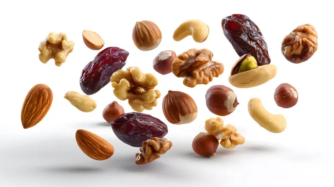 Gemischte Nüsse und Trockenfrüchte in Nahaufnahme