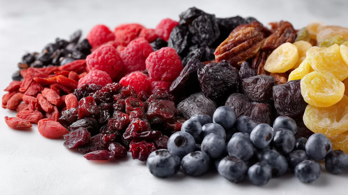 Gemischte Trockenfrüchte und Beeren auf weißem Grund