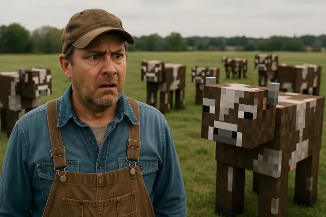 Gemischte Viehweide mit Farmer im Vordergrund