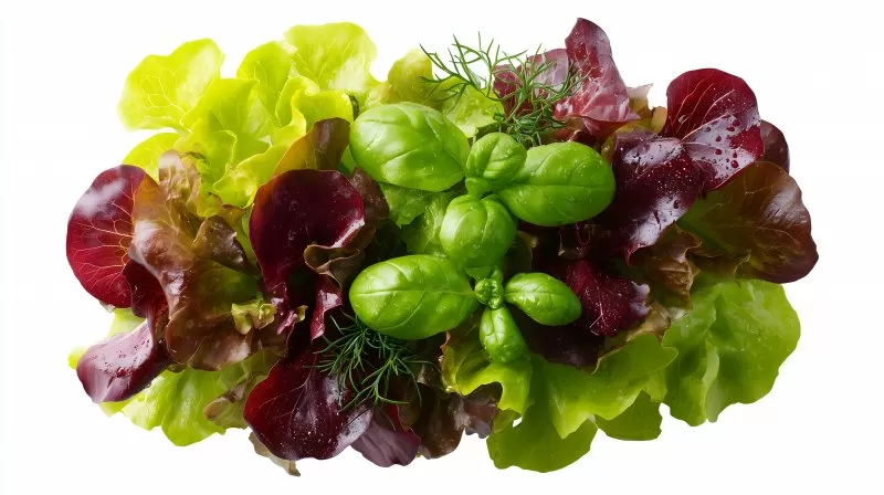 Gemischter Blattsalat mit Basilikum auf weißem Hintergrund