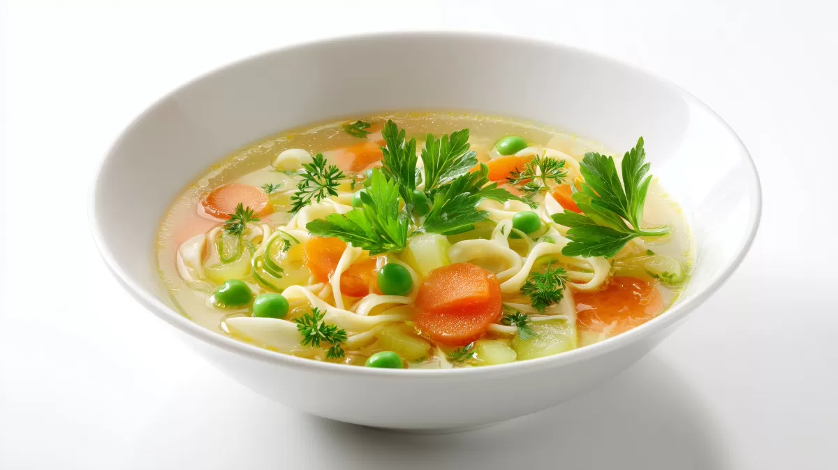 Gemsesuppe mit Nudeln, Karotten und Erbsen