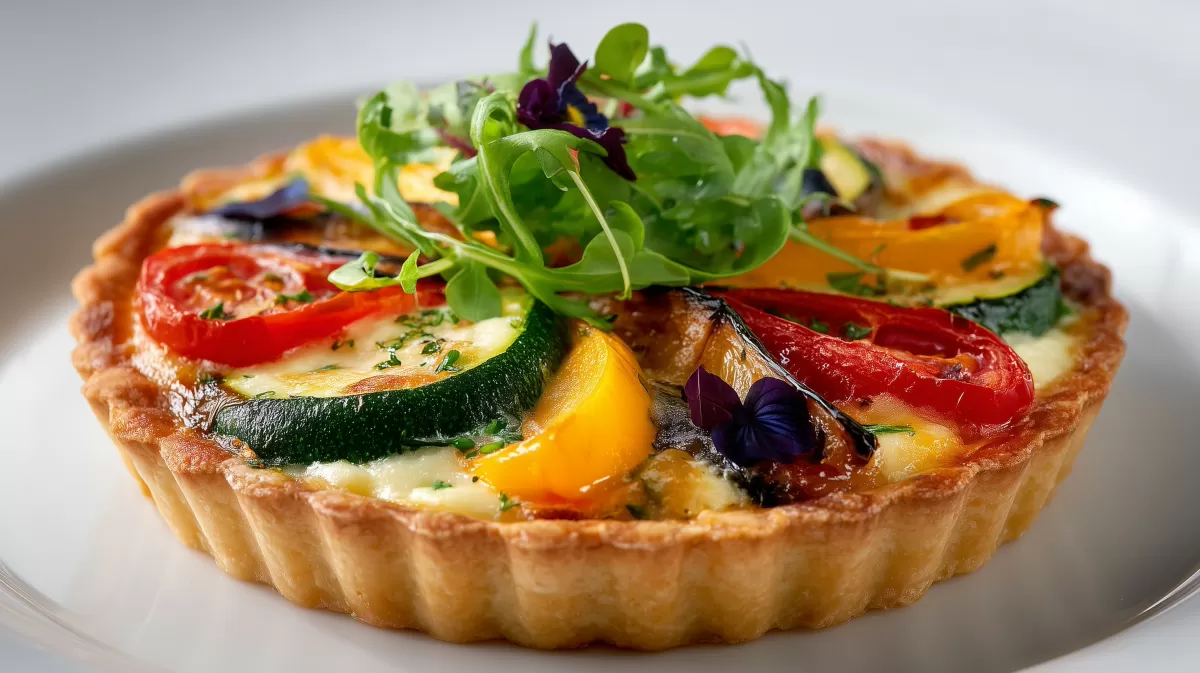 Gemüse Quiche mit Zucchini und Tomaten serviert
