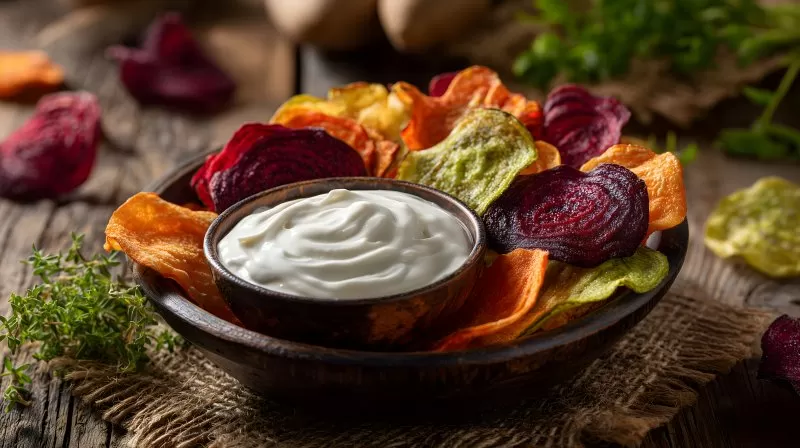 Gemüsechips mit Dip auf Holztisch