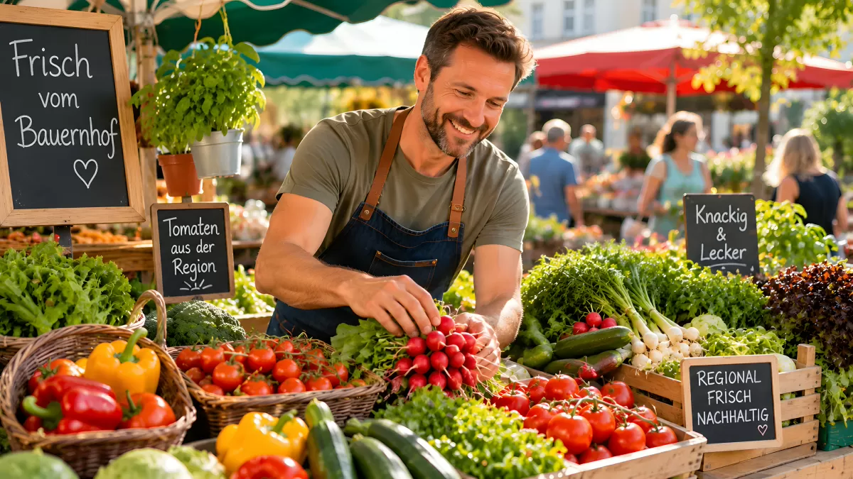 Gemüsehändler arrangiert frisches Gemüse auf Wochenmarkt
