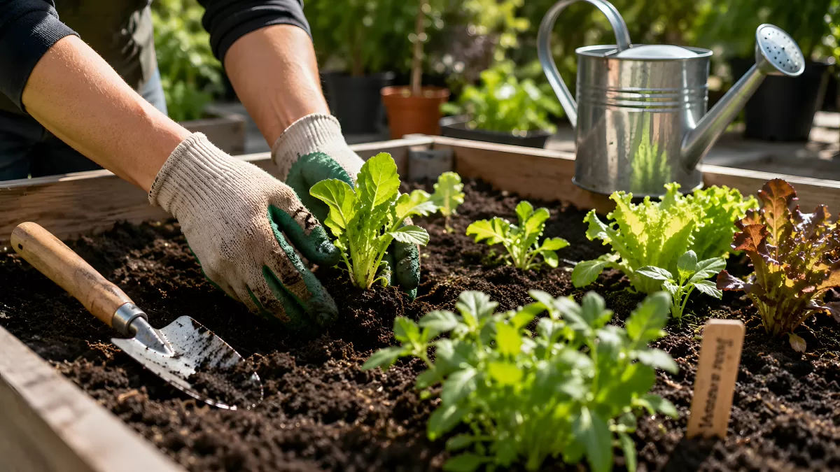 Gemüsepflanzen in Hochbeet einpflanzen mit Handschuhen
