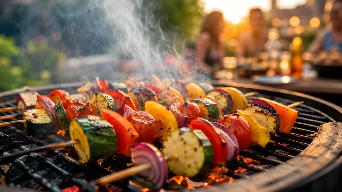 Gemüsespieße auf dem Grill beim Sommerabend