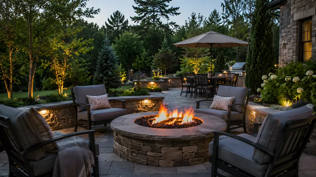 Gemütliche Abendterrasse mit Feuerstelle im Garten
