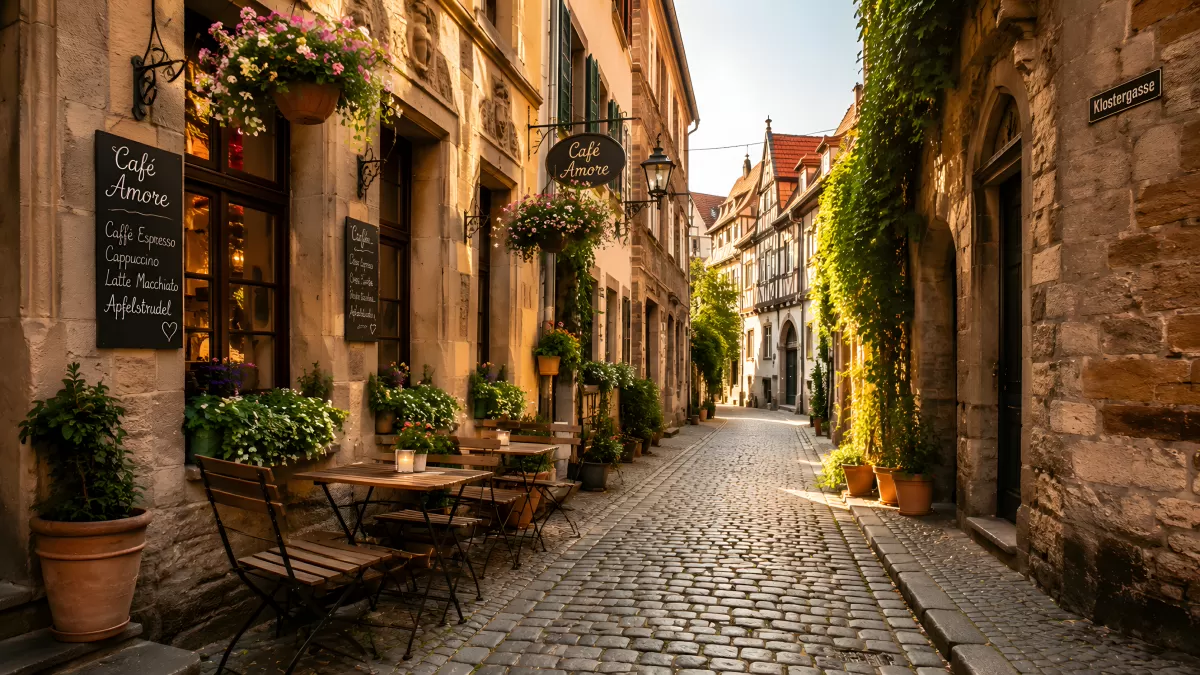 Gemütliche Altstadtgasse mit Café und Kopfsteinpflaster