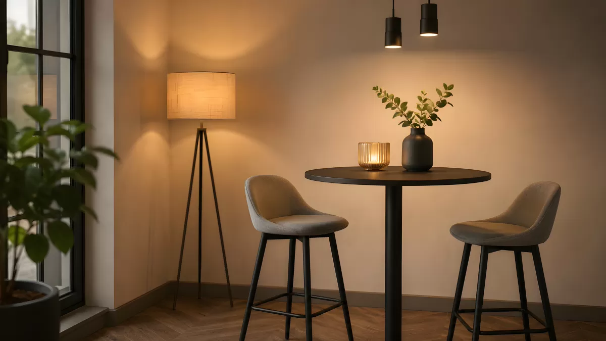 Gemütliche Bar-Ecke mit warmem Licht und Stehlampe