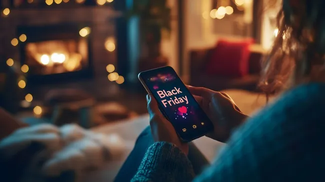 Gemütliche Black Friday Deals auf Smartphone in Winterambiente