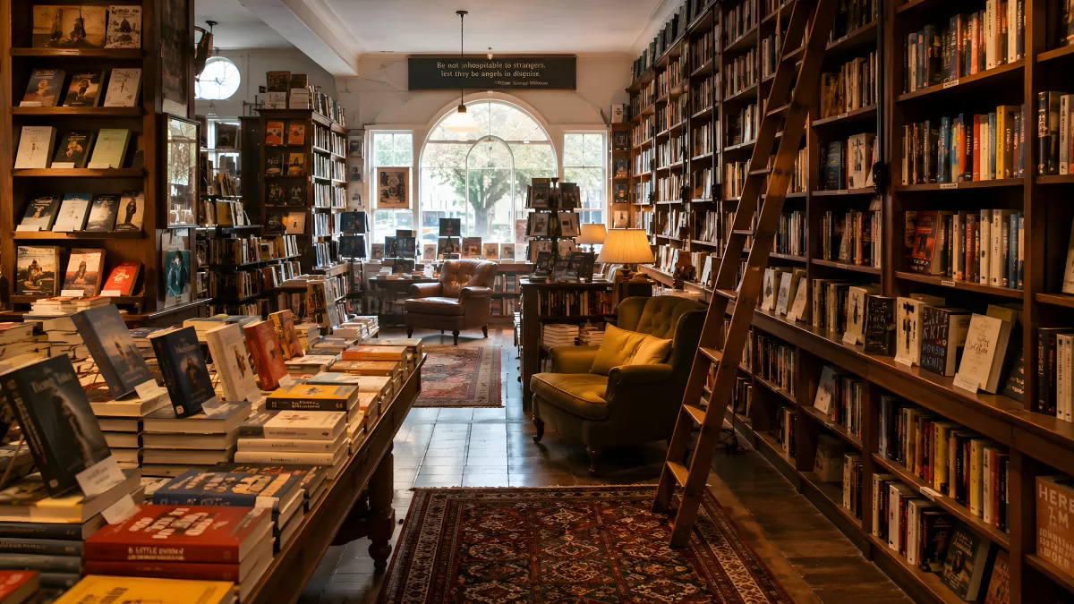 Gemütliche Buchhandlung mit Holzregalen und Leseecke
