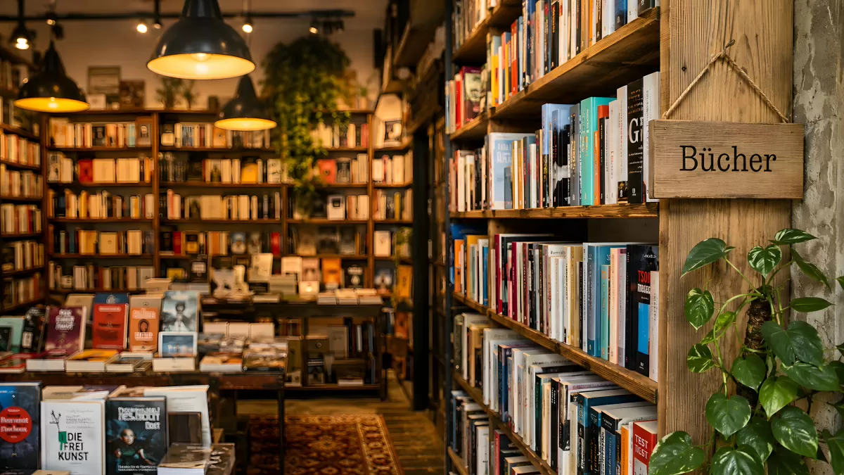 Gemütliche Buchhandlung mit vollen Holzregalen