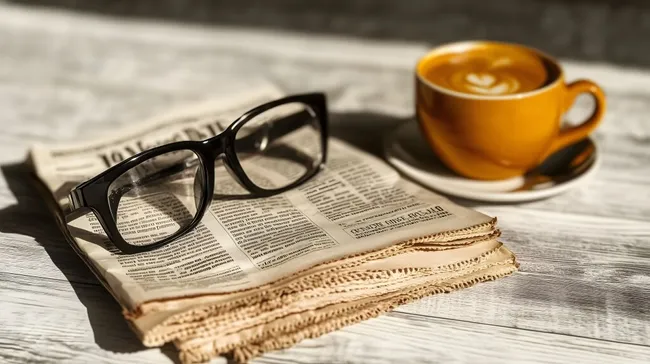 Gemütliche Büroatmosphäre mit Kaffee und Brille