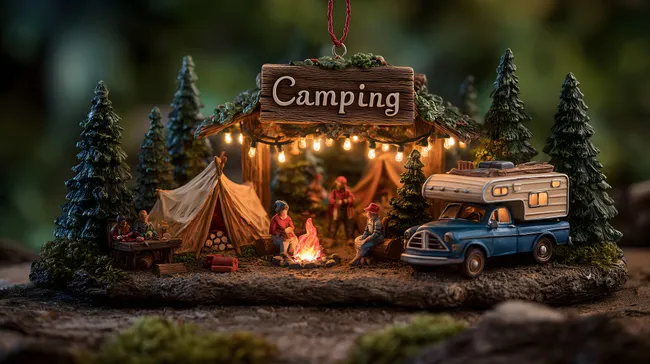 Gemütliche Camping-Szene mit Wohnmobil und Lagerfeuer