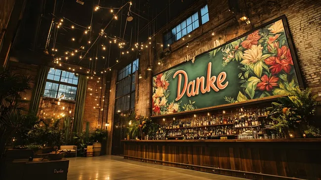 Gemütliche Cocktailbar mit Blumen-Wandgemälde und Lichterketten