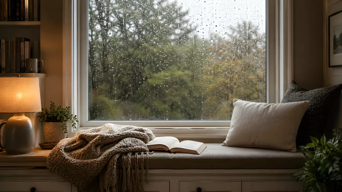 Gemütliche Fensterbank mit Buch und Regen im Herbst