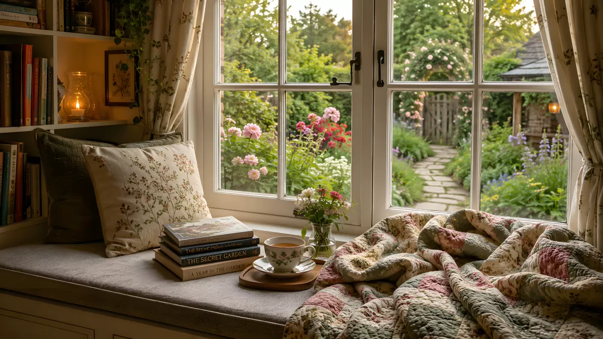 Gemütliche Fensterbank mit Tee, Büchern und Gartenblick