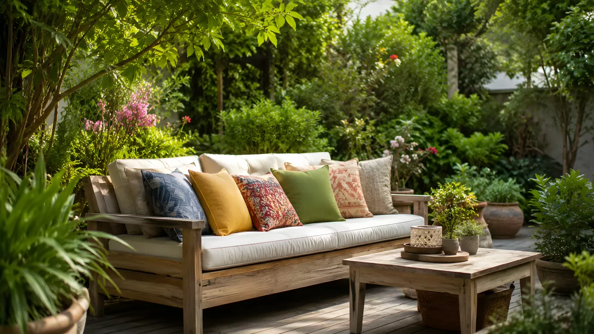 Gemütliche Gartenlounge mit Holzsofa und bunten Kissen