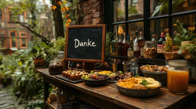 Gemütliche Gartenparty mit Dankeschön-Schild und Genussbufffet