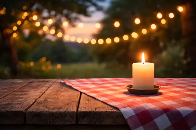 Gemütliche Gartenparty mit Lichterketten und Kerze