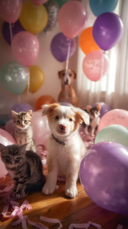 Gemütliche Geburtstagsfeier mit Katzen und bunten Luftballons