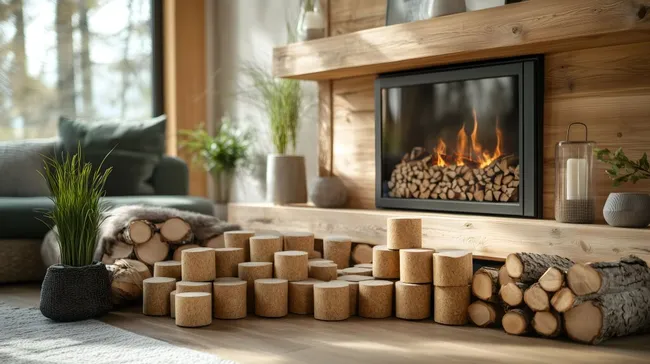 Gemütliche Holz-Lounge mit Kamin und Brennholz