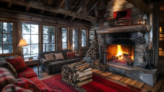 Gemütliche Holzhütte mit knisterndem Kamin an verschneiter Winterlandschaft