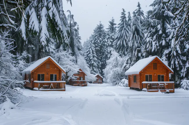 Gemütliche Holzhütten in verschneiter Winterlandschaft