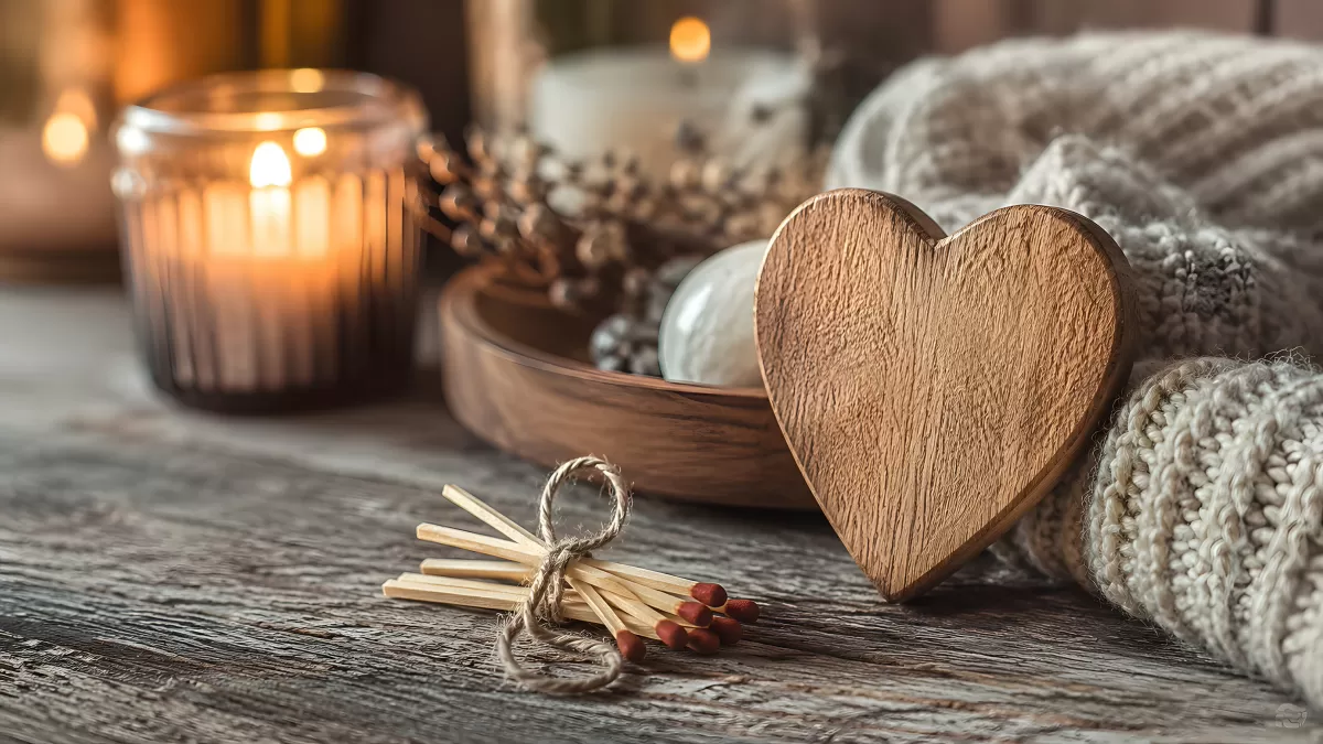 Gemütliche Hygge-Stimmung mit Holzherz und Kerzen