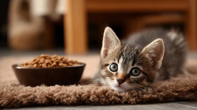Gemütliche Katze kuschelt auf Teppich neben Futter