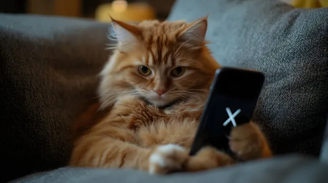 Gemütliche Katze mit Smartphone auf Sofa