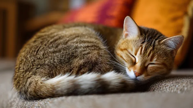 Gemütliche Katze schläft auf gepolsterter Couch