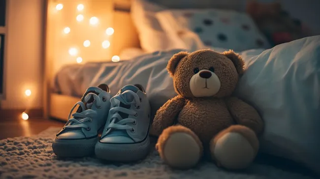 Gemütliche Kinderzimmer-Atmosphäre mit Teddybär und Turnschuhen