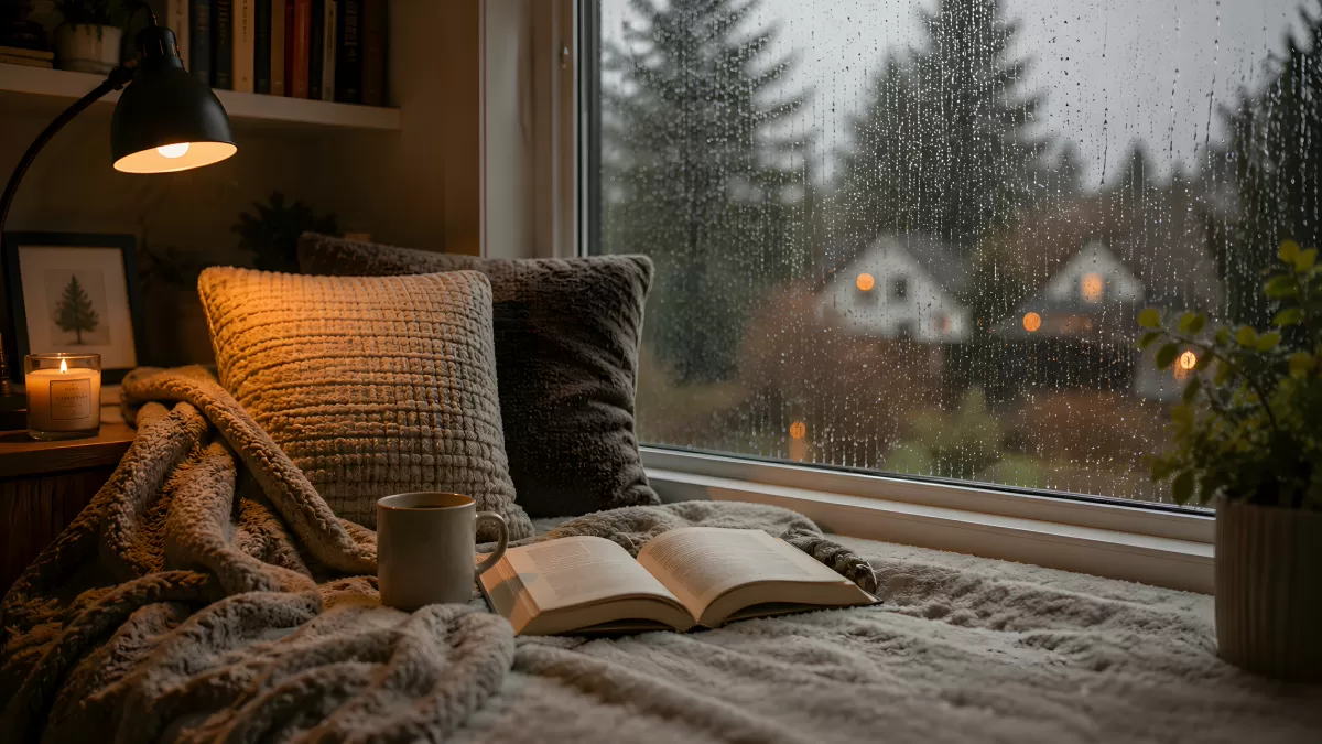 Gemütliche Leseecke am Fenster an einem Regentag