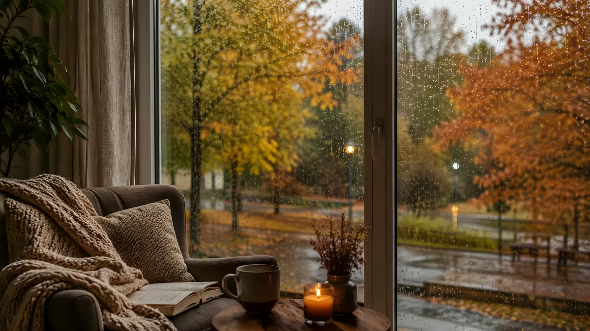 Gemütliche Leseecke am Fenster im Herbstregen
